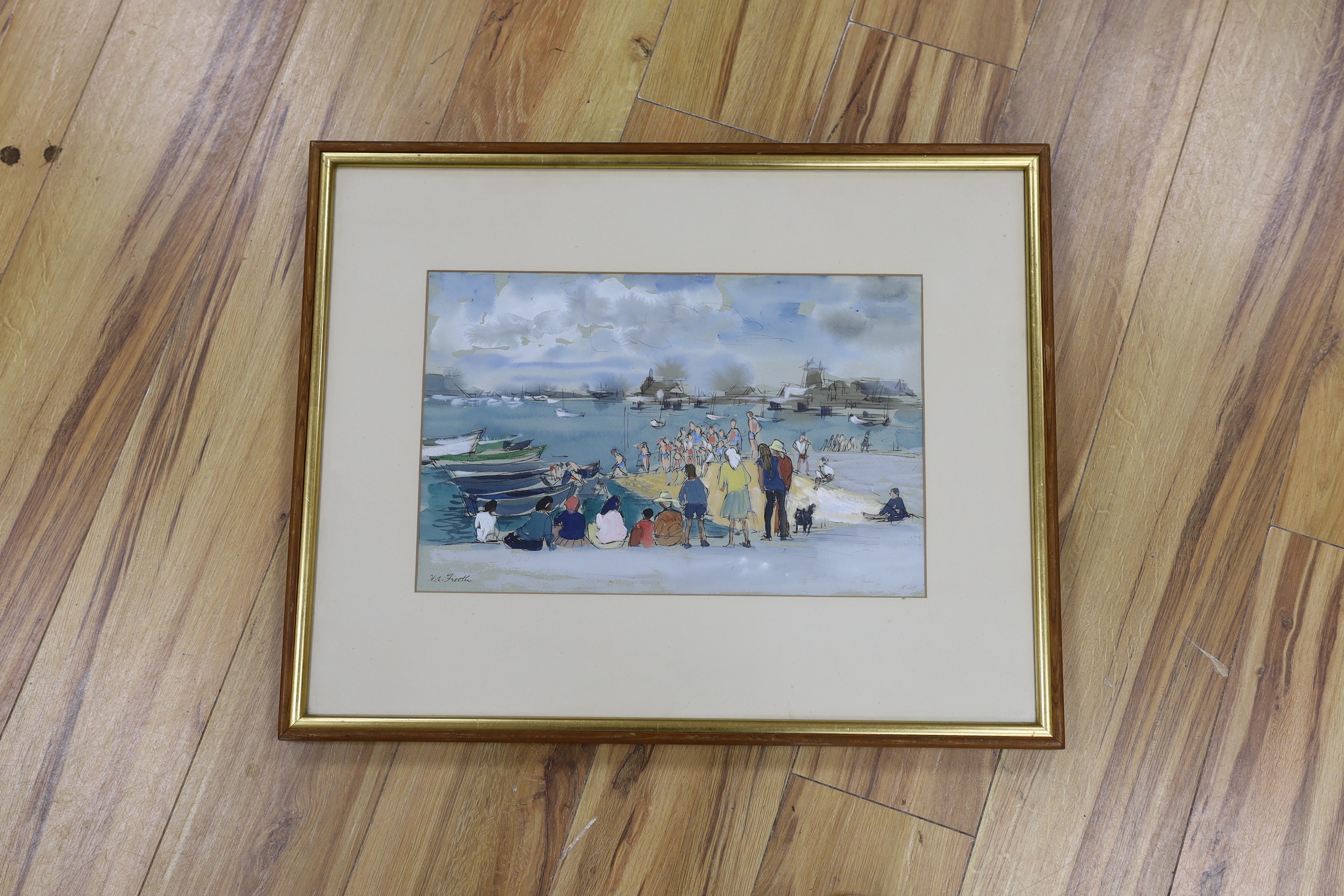 Hubert Andrew Freeth RA (1912-1986), pen, ink and watercolour, Swimmers on shipway and Onlookers nearby, signed, inscribed verso, 27 x 42cm